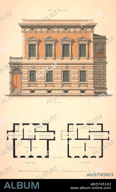 Architektur / Wohnhäuser. "Kleines Wohnhaus". (Aufriß und Grundrisse). Farblithographie nach Zeichnung von Hermann Bethke. Blatt 5 der Mappe: Praktische Wohnhäuser und Villen (...) entworfen und gezeichnet von Hermann Bethke, Stuttgart. (Konrad Wittwer) o. J. (um 1885). Berlin, Sammlung Archiv für Kunst und Geschichte.