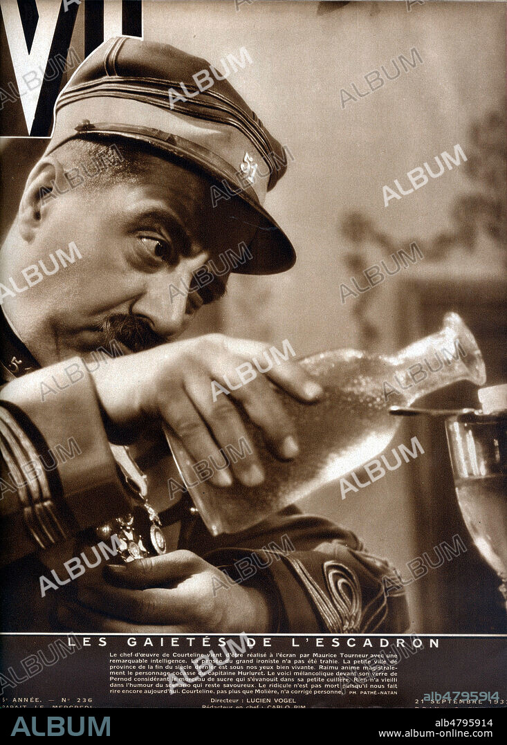 Les gaites de l'escadron. RAIMU (1883-1946) dans le role du capitaine Hurluret dans le film realise en 1932 par Maurice TOURNEUR (1878-1961) d'apres le roman de Georges COURTELINE (1858-1929). Couverture de Vu du 21 septembre 1932. Credit : Collection Kharbine-Tapabor.