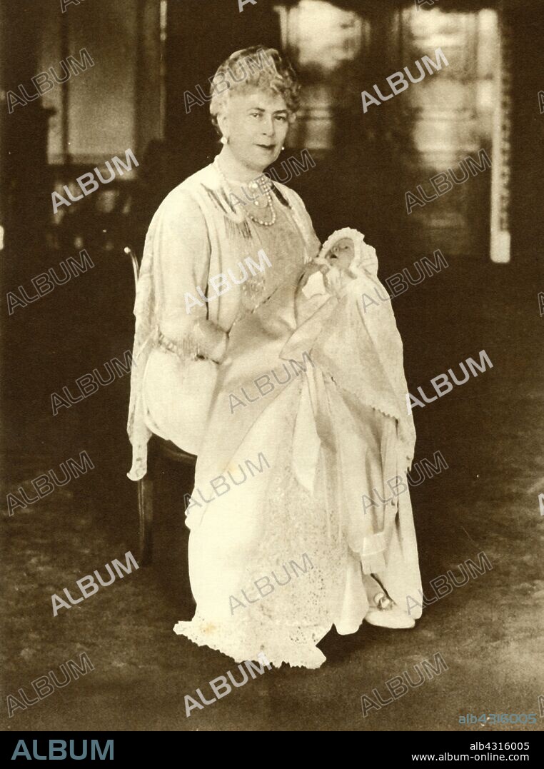 Queen Mary with Princess Elizabeth, 1926, (1935). Mary of Teck (1867-1953) with her first granddaughter, the future Queen Elizabeth II, born on 21 April 1926. From "The Silver Jubilee Book - The Story of 25 Eventful Years in Pictures". [Odhams Press Ltd., London, 1935].