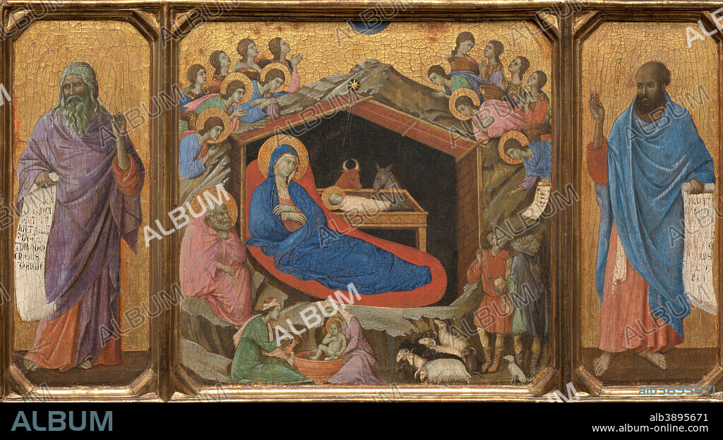 DUCCIO DI BUONINSEGNA. The Nativity with the Prophets Isaiah and Ezekiel. Date/Period: Between 1308 and 1311. Painting. Tempera on panel. Height: 48 cm (18.8 in); Width: 87 cm (34.2 in).