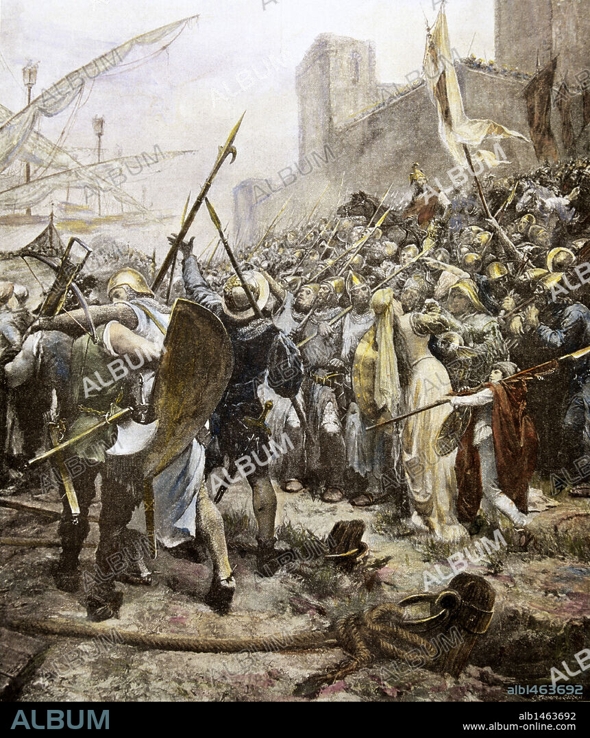 HISTORIA MEDIEVAL. CONQUISTA DE MALLORCA (Siglo XIII). "EMBARQUE DEL REY JAIME I (1208-1276) EN SALOU PARA EMPRENDER LA CONQUISTA DE MALLORCA" (1229). Grabado coloreado del s. XIX, según el cuadro de Raimundo Tusquets.