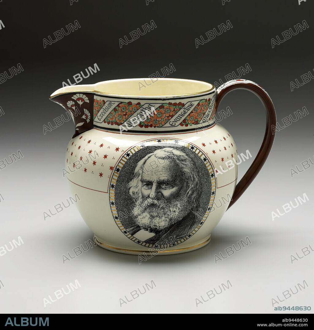 Longfellow jug', c. 1880, George Wolliscraft Rhead; Manufacturer: Wedgwood; Retailer: Richard Briggs, Staffordshire, England, est. 1759, 6 11/16 x 9 3/16 x 7 in. (16.99 x 23.34 x 17.78 cm), Earthenware, England, 19th century, 'Longfellow' jugs were made by Wedgwood, the famous English manufacturer of fine china and porcelain, as a tribute to the American poet Henry Wadsworth Longfellow. On one side is the poets portrait; on the other, the first lines of his long poem Kéramos. The jugs were commissioned by Richard Briggs, a Boston retailer of china and glass. Briggs gave one to Longfellow at Christmastime in 1880 and received the poets thanks in a letter dated December 30.