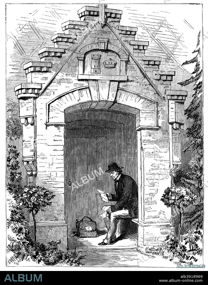 Benjamin Disraeli (1804-1881} reading letters in the porch of Hughenden Lodge, 19th century.