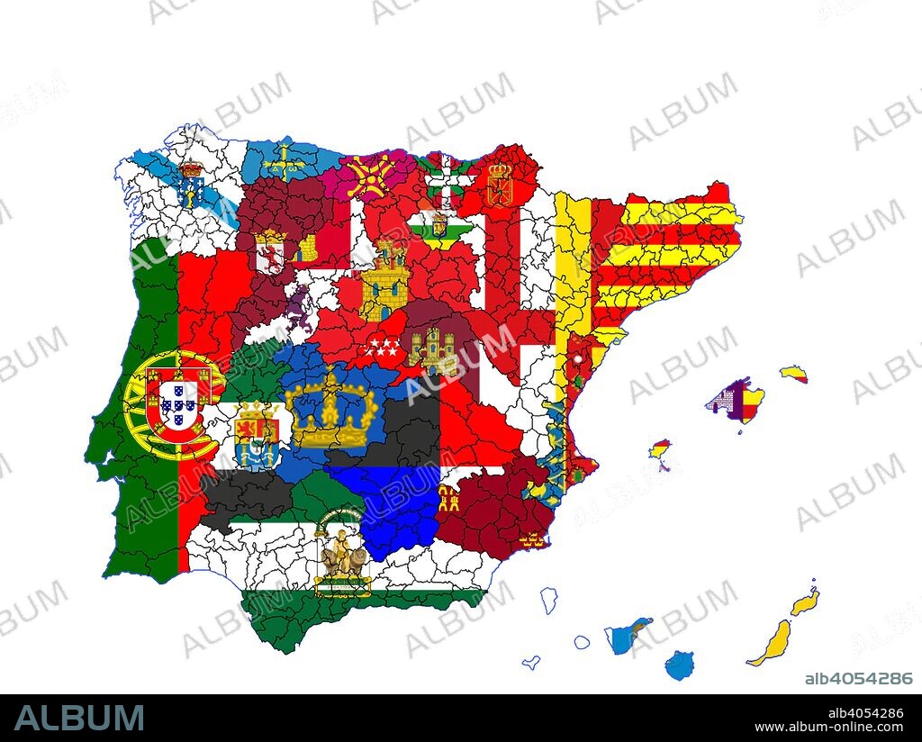 Mapa de España con las autonómias pintadas con sus banderas.