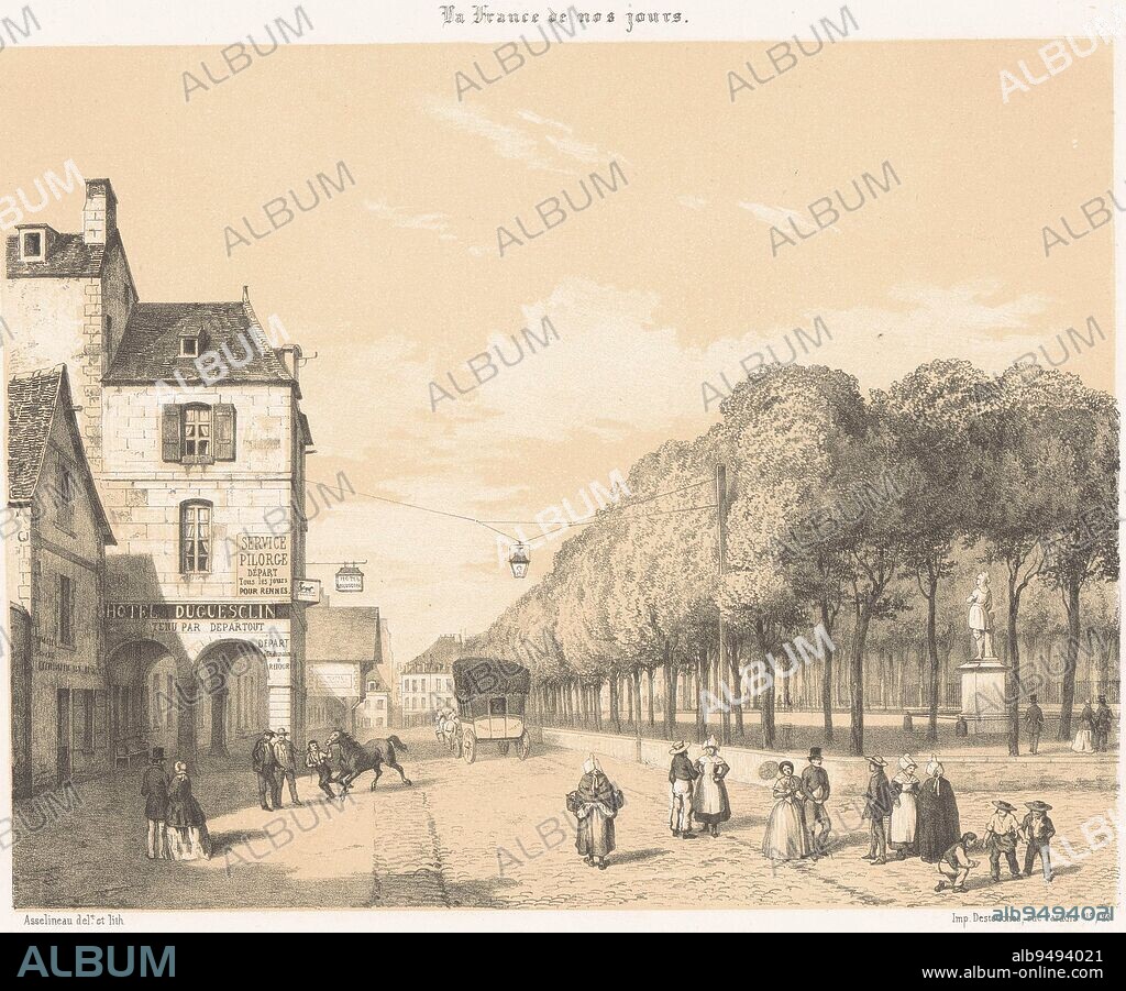 View of Place Du Guesclin in Dinan Place Duguesclin in Dinan Contemporary France La France de nos jours on object, print maker: Léon Auguste Asselineau, (mentioned on object), Léon Auguste Asselineau, (mentioned on object), printer: Destouches, (mentioned on object), print maker: Rouen, Rouen, printer: Paris, publisher: Paris, 1853 - 1856, paper, h 291 mm × w 434 mm.