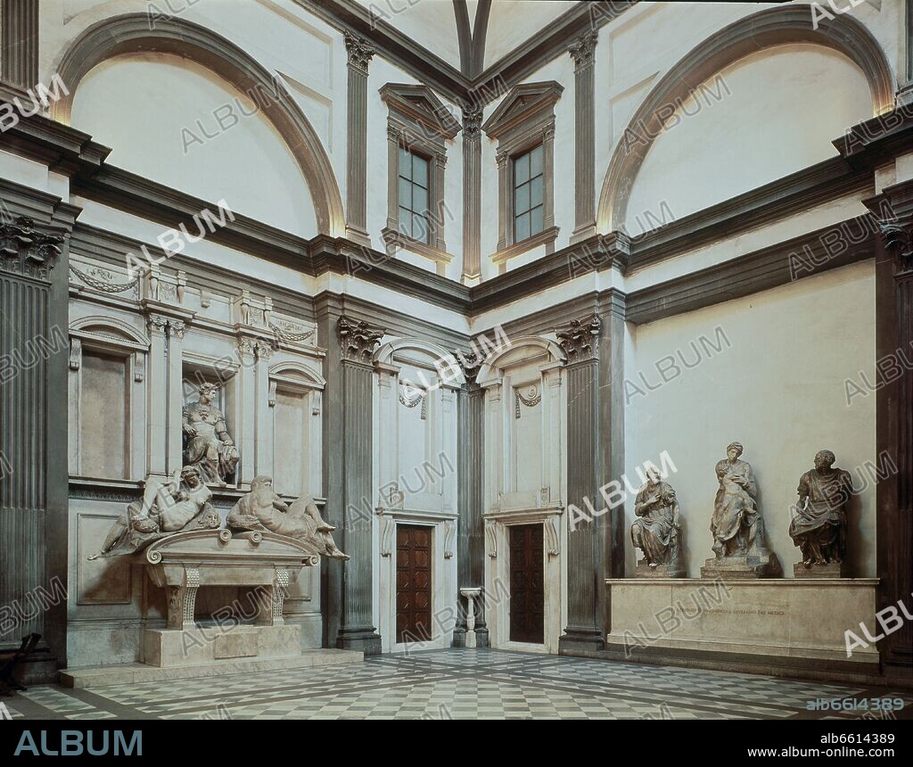 MIGUEL ANGEL BUONARROTI. CAPILLA DE LOS MEDICI - SEPULCRO CON LA ESTATUA DE GIULIANO MEDICIS DUQUE DE NEMOURS CON LAS FIGURAS ALEGORICAS DEL DIA Y DE LA NOCHE - SIGLO XVI.