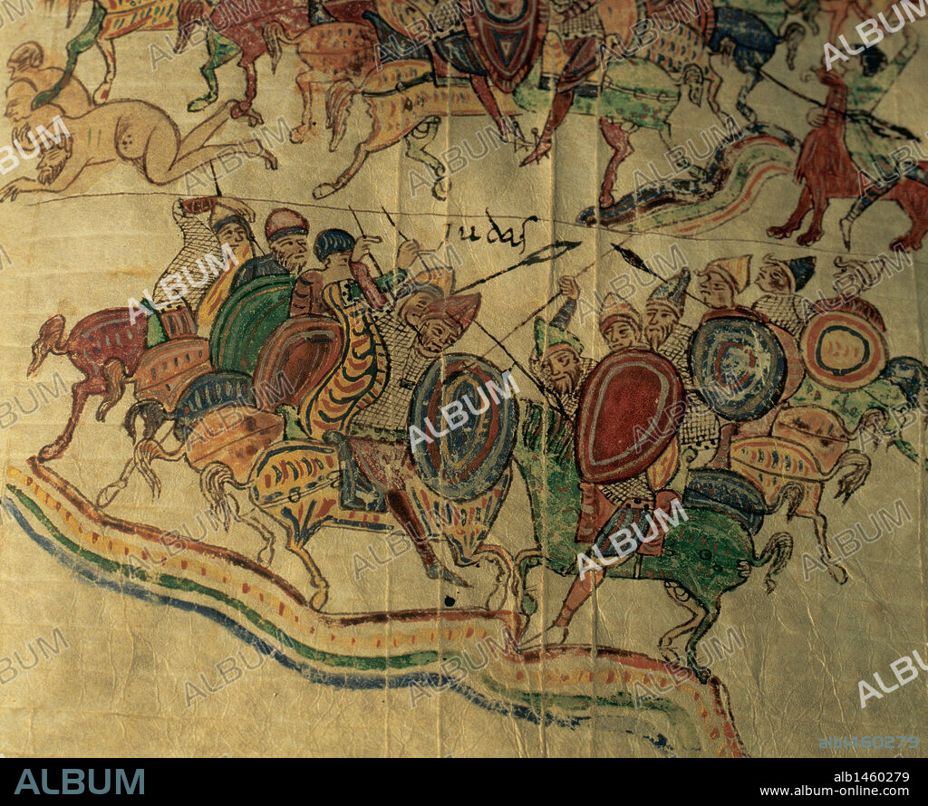 "ESCENA DE BATALLA". SIGLO XI. Detalle de una miniatura de la BIBLIA DE RIPOLL (BIBLIA DE FARFA) iluminada en el escritorio del monasterio de Ripoll en el siglo XI. Folio 342 r. Biblioteca Apostólica Vaticana. Italia.