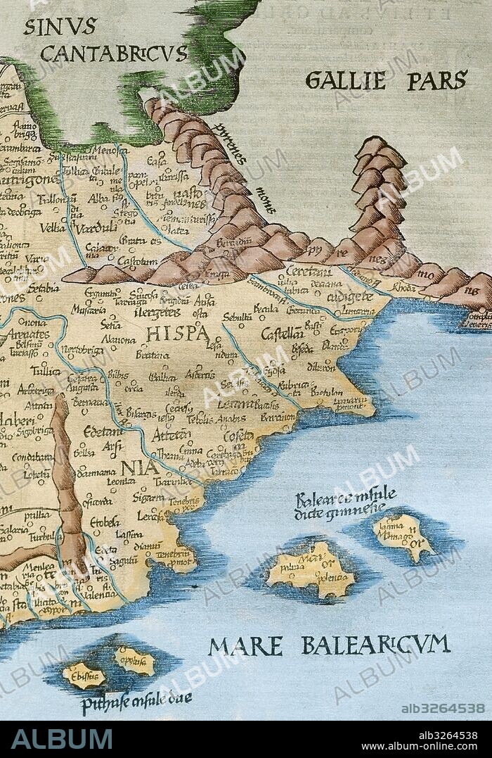 Claudius Ptolemy (100-170 AD) Mathematician, astronomer, geographer and astrologer. Catalonia with the distribution of the original tribes. Engraving in "Geographiae e narrations", 1535. Colored.