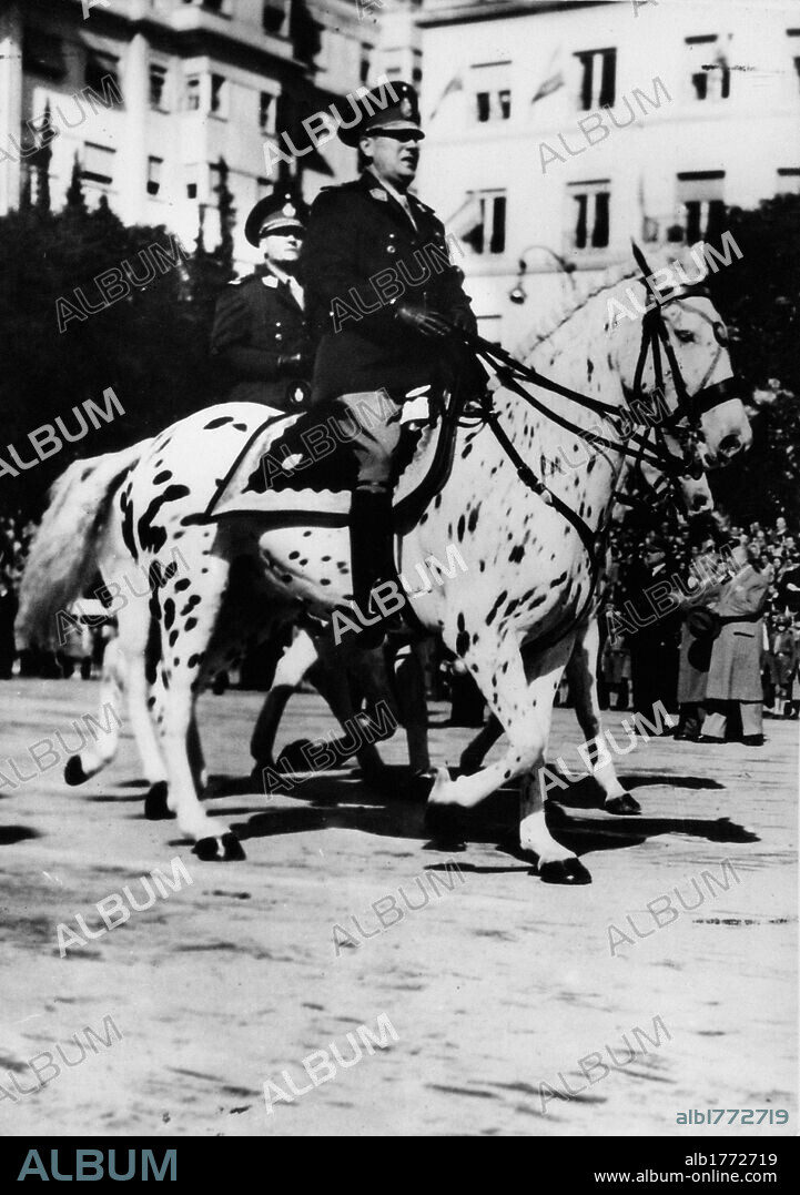 Juan Domingo Peron on horseback. The Argentine President Juan Domingo Peron riding his horse Nansha during a parade, Buenos Aires, 9th July 1946.