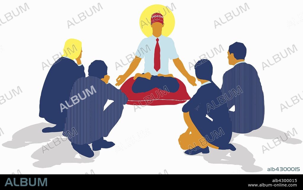 Businessmen and businesswomen surrounding coach sitting in lotus position.