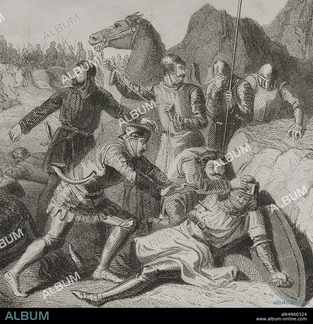 Batalla de Sanluri (Isla de Cerdeña,30 de junio de 1409). Enfrentó a los ejércitos del juzgado de Arborea y al de la Corona de Aragón (Reino de Cerdeña) de Martín I de Aragón. Las tropas de Arborea estaban dirigida por el juez Guillermo III de Narbona, y las tropas sardo-aragonesas por Martín el Joven, rey de Sicilia hijo de Martín I de Aragón. La victoria fué aragonesa. Muerte del Conseller Desvalls. Ilustración por Urrabieta. Grabado por A. Roca. Historia de Cataluña y de la Corona de Aragón, por Victor Balaguer. Barcelona,1862.