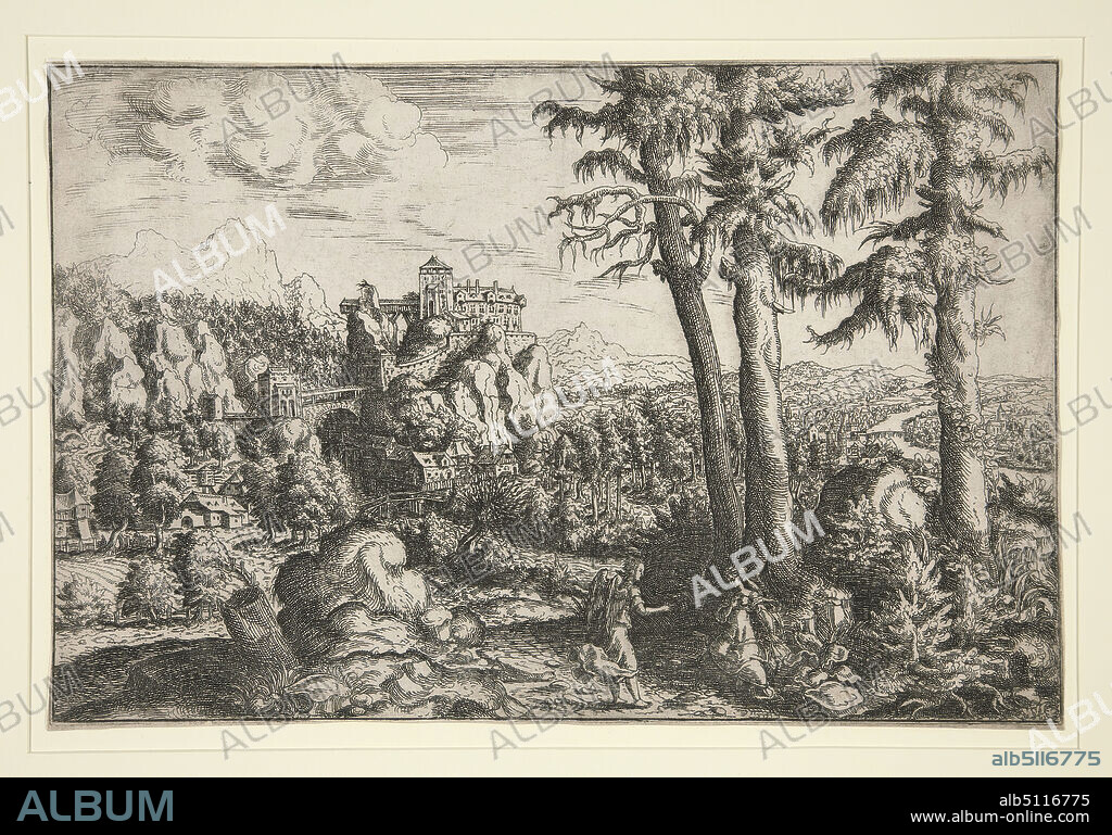Artist: Hanns Lautensack, German, 15241561, Landscape with Hagar and Angel, Etching, 6 9/16 × 11 13/16 in. (16.6 × 30 cm), Made in Germany, German, 16th century, Works on Paper - Prints.