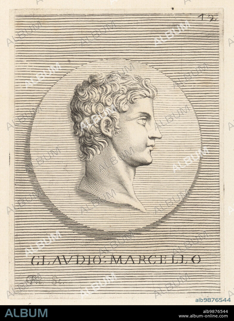 Marcus Claudius Marcellus, 4223 BC, eldest son of Gaius Claudius Marcellus and Octavia Minor, sister of Roman Emperor Augustus (then known as Octavian). Claudio Marcello. From a bronze coin. Copperplate engraving by Etienne Picart after Giovanni Angelo Canini from Iconografia, cioe disegni d'imagini de famosissimi monarchi, regi, filososi, poeti ed oratori dell' Antichita, Drawings of images of famous monarchs, kings, philosophers, poets and orators of Antiquity, Ignatio deLazari, Rome, 1699.