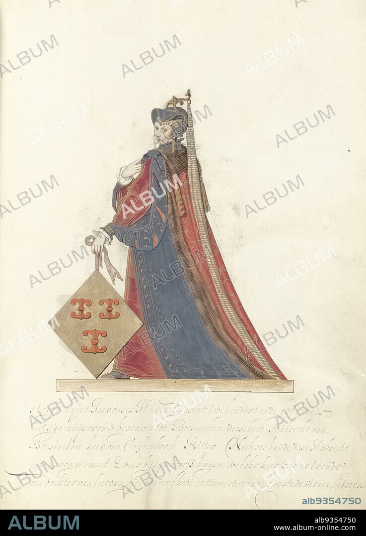 Johanna, lady of Culemborg, Johanna van Zuylen, lady of Culemborg. Wife of Hubrecht, lord of Culemborg. Standing full-length next to the coat of arms of Culemborg. Herald with handwriting from illustrated manuscript containing the genealogy of the lords and counts of Culemborg., draughtsman: Nicolaes de Kemp (attributed to), anonymous, Northern Netherlands, c. 1590 - c. 1593 and/or c. 1600 - c. 1625, parchment (animal material), ink, painting, writing (processes), height 398 mm × width 292 mm.
