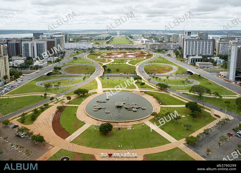 View of the monumental axis with the government buildings in the distance including National Congress and hotel sectors, Brasilia, UNESCO World Heritage Site, Brazil, South America.