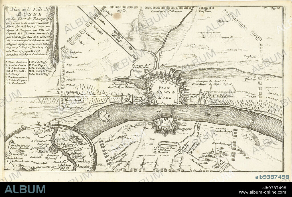 Siege of Bonn, 1703, Plan de la Ville de Bonne et du Fort de Bourgogne (...) (title on object), Map showing the siege of Bonn, captured from the French by the allies on May 15, 1703, after siege from May 5. Illustration in the 1716 Dutch translation of J. Lamigue, Het leven van Zyne Hoogheit Johan Willem Friso, dl. I, p. 88/89., print maker: Matthijs Pool (possibly), publisher: Johannes van Oosterwyk, print maker: Northern Netherlands, publisher: Amsterdam, 1716, paper, etching, height 147 mm × width 245 mm.