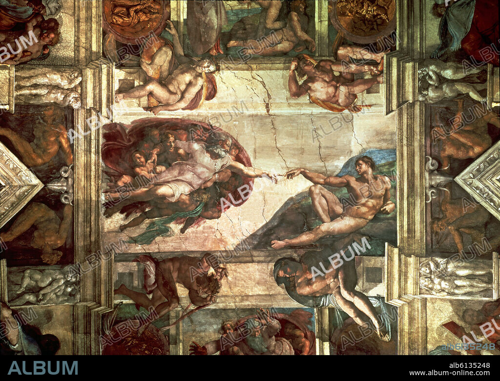 MIGUEL ANGEL. FRESCOS DEL TECHO - LA CREACION DE ADAN - ANTES DE LA RESTAURACION - 1508-1512 - RENACIMIENTO ITALIANO.