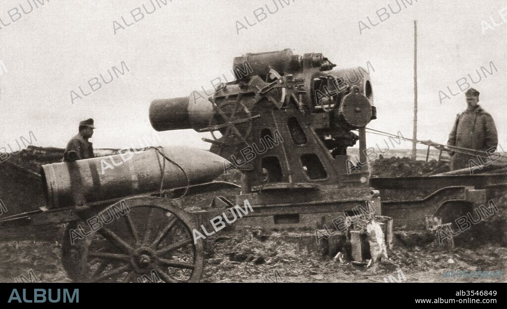 An Austrian giant siege-howitzer and its shell, used during World War One. From The Illustrated War News, published 1915.