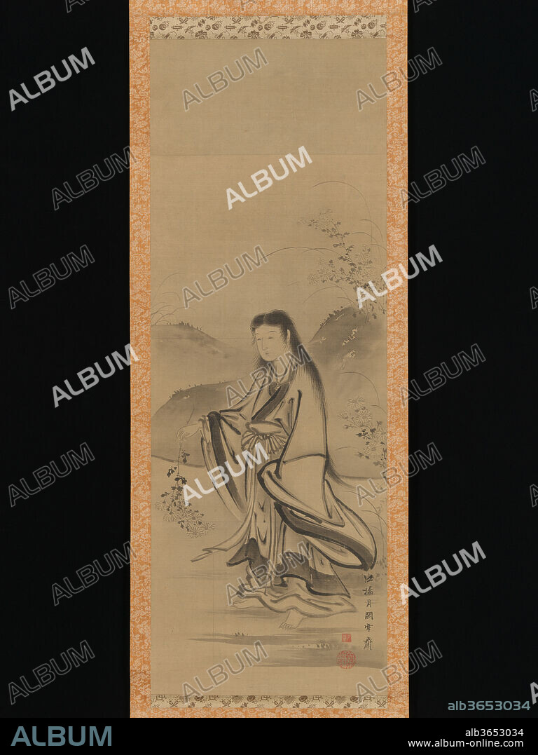 Kiku Jido (Chrysanthemum Boy). Artist: Tsukioka Sessai (Japanese, 1761-1839). Culture: Japan. Dimensions: Image: 32 × 12 in. (81.3 × 30.5 cm). Date: 18th century.