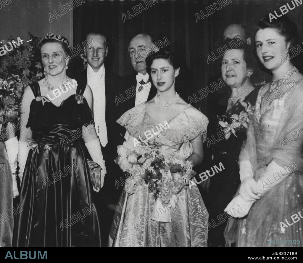 Picture Shows:- The Buccleuch party at the Ball held in Glasgow in aid of the Scottish Association of Girls Clubs. Left to Right: Miss Sheila Carlon, the Duchess of Buccleuch, the Earl of Dalkeith. 25 - year - old only son of the Duke of Buccleuch, Sir Hector McNeill , Lord Provost of Glasgow, Princess Margaret, Lady McNeill, and Lady Caroline Scott 21 - year old younger daughter of the Duke and Duchess of Buccleuch, one of Princess Margaret's great friends. Week-End in Scotland Princess Margaret is Week-Ending in Scotland. She is staying with the Duke and Duchess of Buccleuch at Drumlanrig Castle, Dumfriesshire. February 20, 1949.