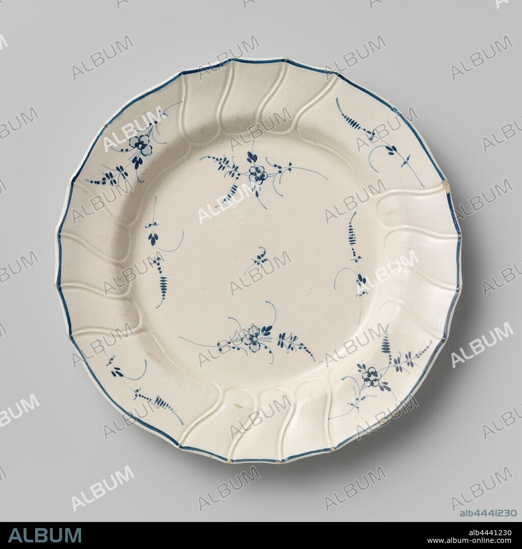 Plate of English hard-fired pottery, Boch faience fine, Round plate of hard-fired pottery. The plate has a scalloped border that is decorated with Tournai godrons. The plate is painted in blue with flower sprays and a blue strip along the edge. The sign is marked., Boch, Luxemburg, c. 1775 - c. 1810, earthenware, h 3.1 cm × d 23.7 cm.