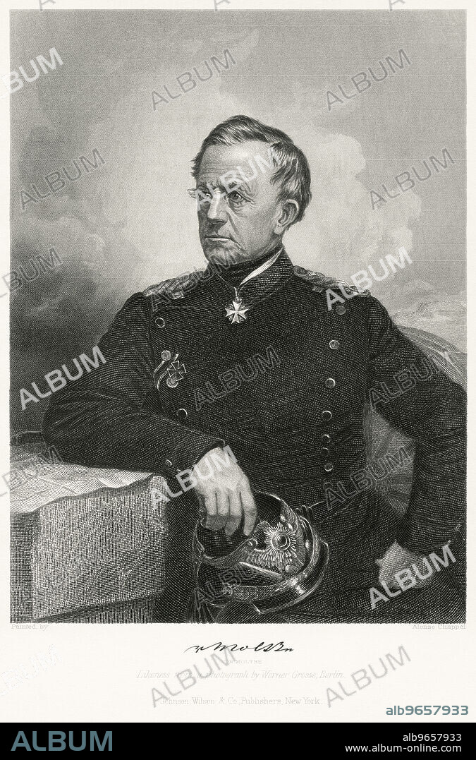 Helmuth von Moltke (1800-91), the Elder, Prussian Field Marshal and Chief of the German General Staff, Seated Portrait, Steel Engraving, Portrait Gallery of Eminent Men and Women of Europe and America by Evert A. Duyckinck, Published by Henry J. Johnson, Johnson, Wilson & Company, New York, 1873.