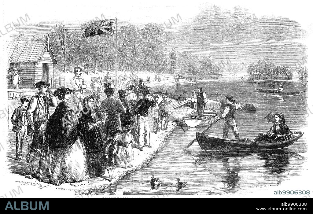 MASON JACKSON. Pleasure-boats on the Ornamental Water in Regent's Park, [London], 1861. 'The attractions of Regent's Park have recently been increased by the addition of pleasure-boats for hire, which have been placed on the ornamental water with the approval of the first Commissioner of her Majesty's Works. A floating pier has been constructed for the convenience of those who wish to avail themselves of this new source of health and recreation. The boats may be hired every day (Sunday excepted) at a charge of one shilling an hour for skiffs, and eighteenpence an hour for party boats, or half-a-crown with a man. Each boat is provided with a life-preserver, and those of the lighter sort are not to carry more than two persons, so that the safety as well as the amusement of the public is duly provided for'. From "Illustrated London News", 1861.