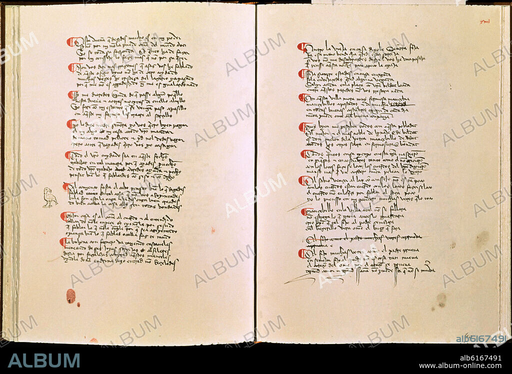JUAN RUIZ-EL ARCIPRESTE DE HITA (1283-1350). LIBRO DEL BUEN AMOR -MANUSCRITO SIGLO XIV - PAGINAS DEL INTERIOR - COPISTA ALFONSO DE PARADINAS REALIZADO EN EL SIGLO XV.