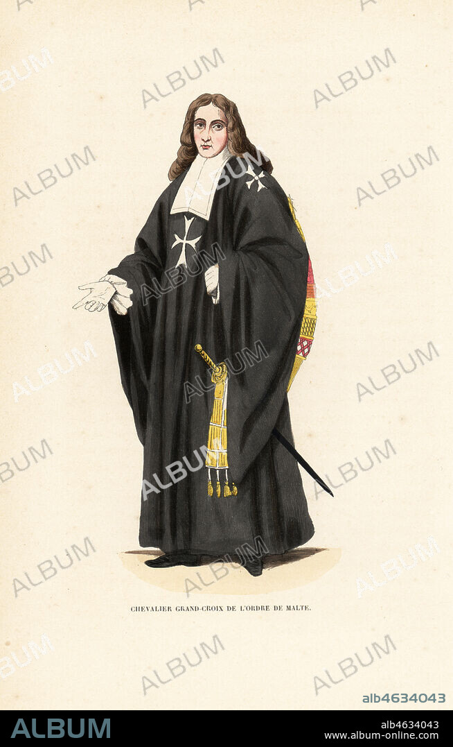 Grand Cross of the Knights Hospitaller, Order of Malta, Order of Knights of the Hospital of Saint John of Jerusalem, Chevalier Grand-Croix de lOrdre de Malte. Handcoloured woodblock engraving after an illustration by Jacques Charles Bar from Abbot Tirons Histoire et Costumes des Ordres Religieux, Librairie Historique-Artistique, Brussels, 1845.