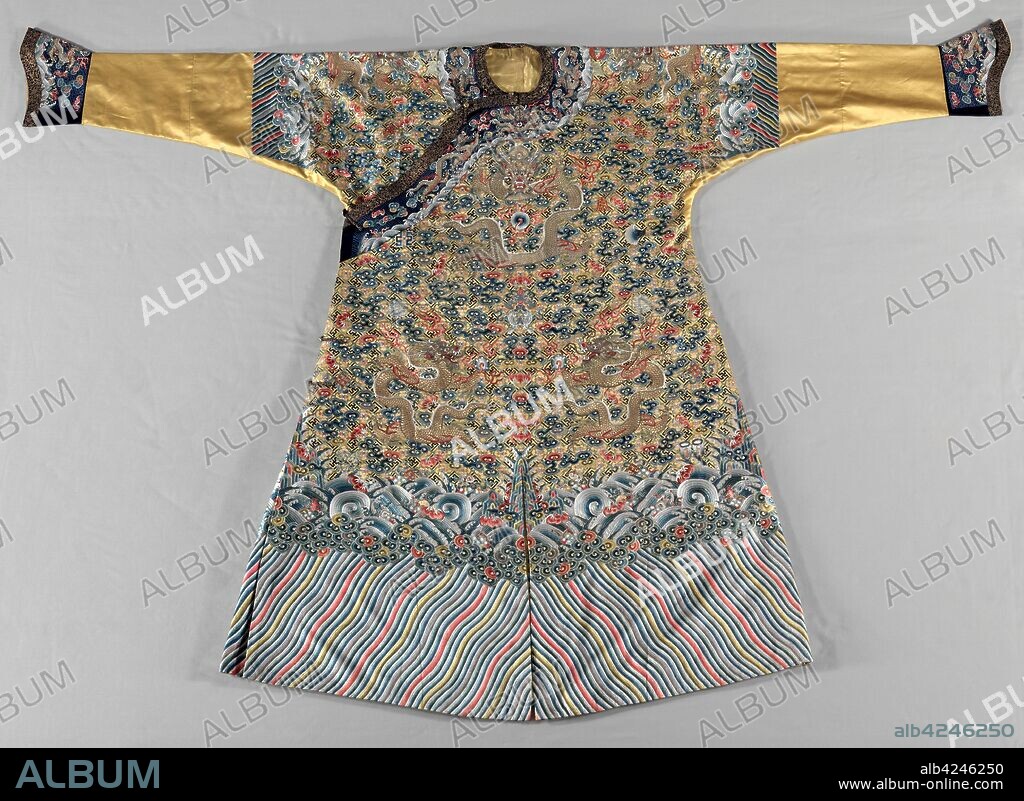 Semi-formal Court Robe (Jifu), late 1700s. China, Qing dynasty (1644-1911), Jiaqing period (1796-1820). Silk: satin weave; silk and metal thread: embroidery; width across shoulders: 226.1 cm (89 in.); length back of neck to hem: 154.9 cm (61 in.).