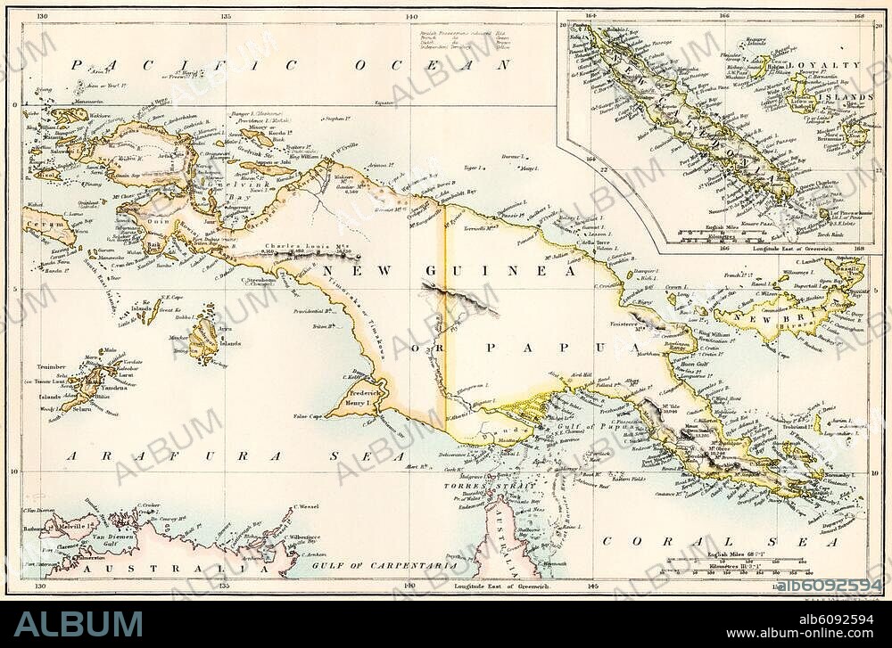 Map of New Guinea and New Caledonia, 1870s. Printed color lithograph of a 19thcentury illustration.
