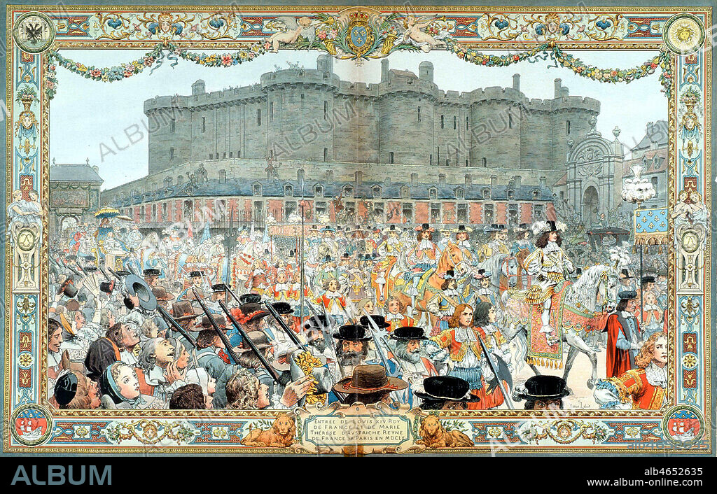 Entree de LOUIS XIV (1638-1715) et de MARIE THERESE d'AUTRICHE (1638-1683) dans Paris en 1660. Illustration de Maurice LELOIR (1851-1940) pour Le Roy Soleil de Gustave TOUDOUZE (1847-1904). Credit : Collection KHARBINE-TAPABOR.