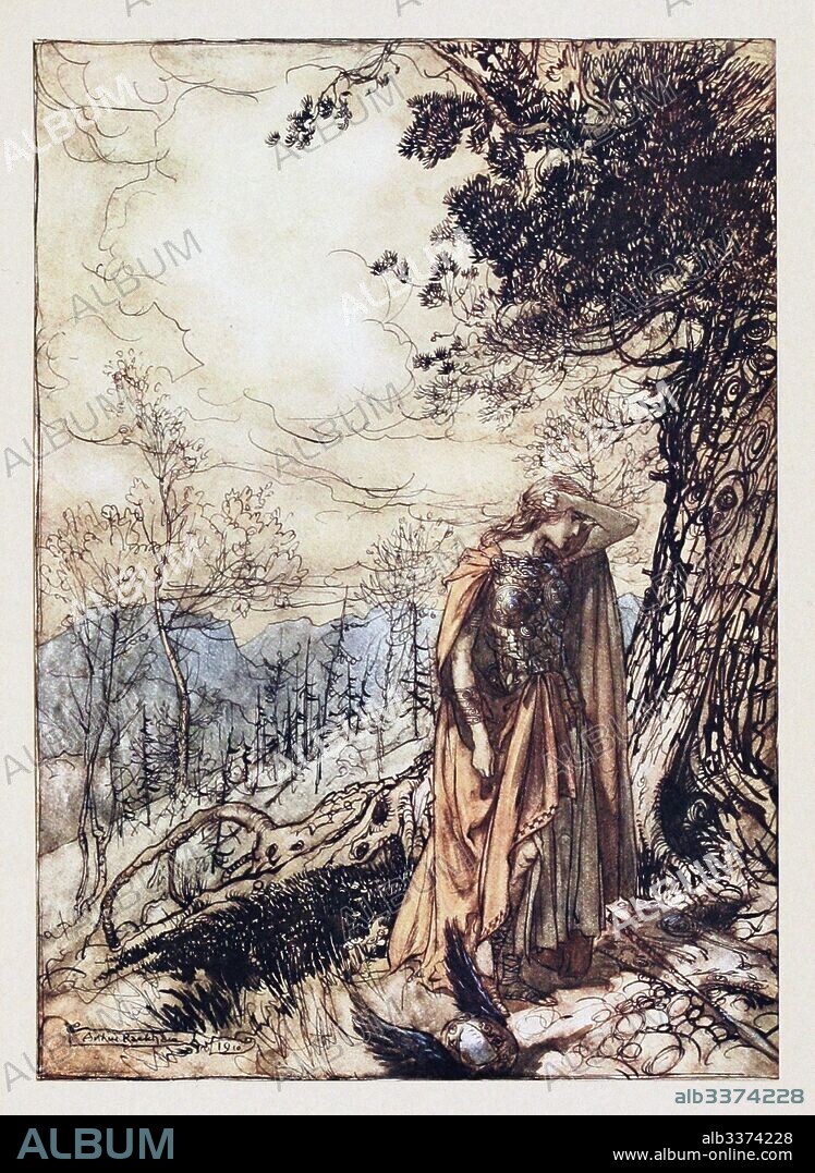 ARTHUR RACKHAM. Brünnhilde. Illustration for "The Rhinegold and The Valkyrie" by Richard Wagner.