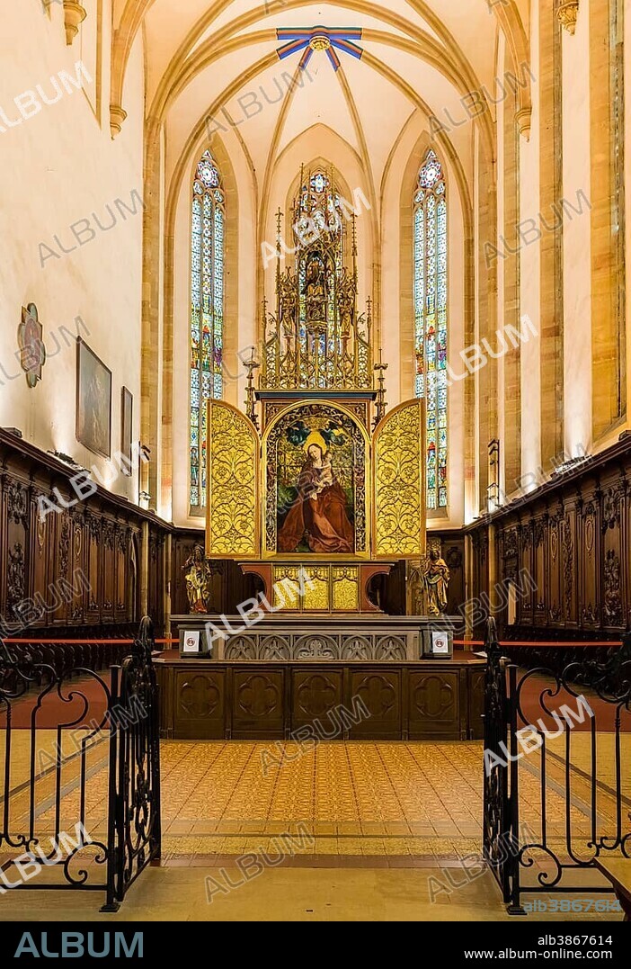 Choir with high altar Madonna im Rosenhag, Martin Schongauer, 1473, Franciscan church, Colmar, Alsace, Alsace, France