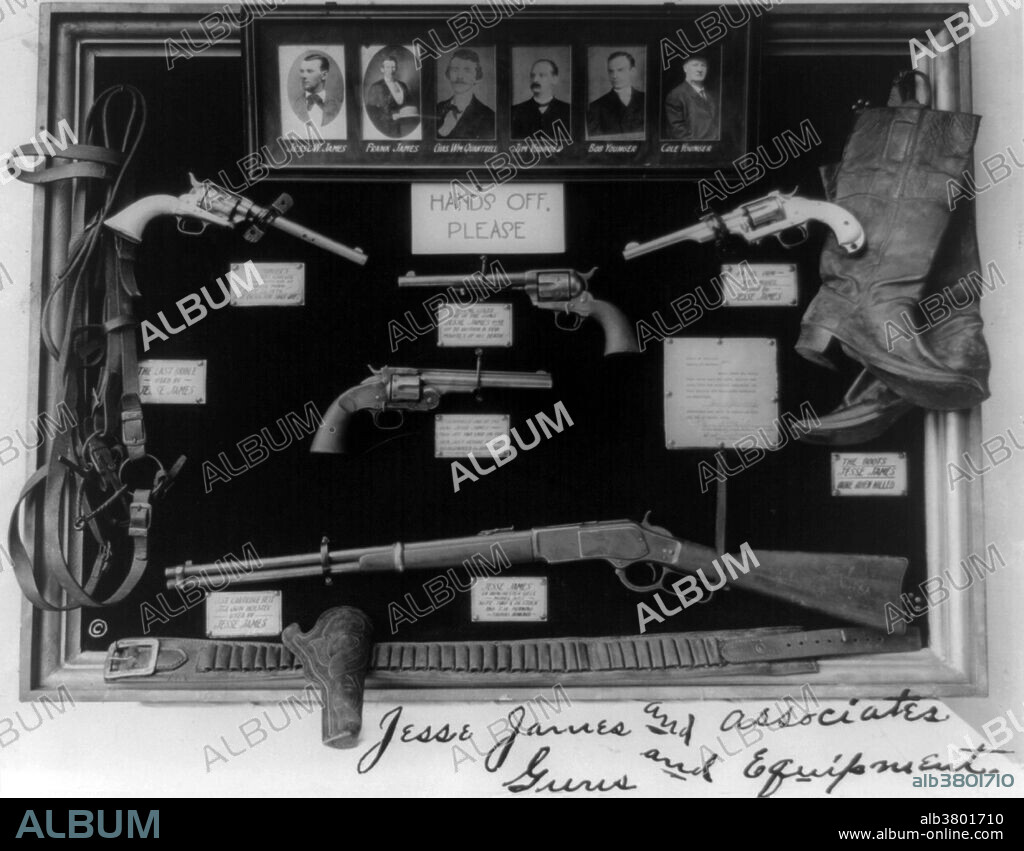 A display of weapons and other items including the Colt .45, that were used by the James Gang. Jesse Woodson James (September 5, 1847 - April 3, 1882) was an American outlaw, gang leader, bank robber, train robber, and murderer from the state of Missouri and the most famous member of the James-Younger Gang. Already a celebrity when he was alive, he became a legendary figure of the Wild West after his death. Jesse and his brother Frank James were Confederate guerrillas, or Bushwhackers, during the Civil War. They were accused of participating in atrocities committed against Union soldiers, including the Centralia Massacre. After the war, as members of various gangs of outlaws, they robbed banks, stagecoaches, and trains. The James brothers were most active with their gang from about 1866 until 1876, when their attempted robbery of a bank in Northfield, Minnesota resulted in the capture or deaths of several gang members. They continued in crime for several years, recruiting new members, but were under increasing pressure from law enforcement. On April 3, 1882, Jesse James was killed by a member of his own gang, Robert Ford, who hoped to collect a reward on James' head. No date or photographer credited.