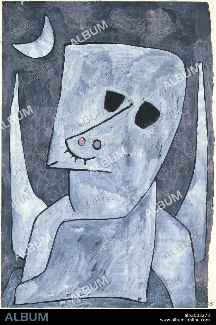 Angel Applicant. Artist: Paul Klee (German (born Switzerland), Münchenbuchsee 1879-1940 Muralto-Locarno). Dimensions: 25 3/4 × 17 1/2 in. (65.4 × 44.5 cm). Date: 1939.
It seems doubtful that this Angel Applicant, resembling the offspring of a bulldog and a Halloween mask, will ever reach heaven. In 1939, Klee composed twenty-nine works that feature angels, having in earlier years only sporadically depicted them. His angels were not the celestial kind but hybrid creatures beset with human foibles and whims. Klee's angels are "forgetful,"still female,"ugly," incomplete," or "poor"-as the titles he gave these pictures indicate.
Suffering from an incurable illness and sensing himself hovering between life and death, Klee possibly felt a kinship with these outsiders. In this work, he covered a sheet of newspaper with black gouache on which he then drew the outlines of the figure and of the crescent moon with a thick, soft graphite pencil. Then he filled in these forms with a thin white wash. It is the black ground peeking through the white pigment that gives this creature its ghostly shimmer.