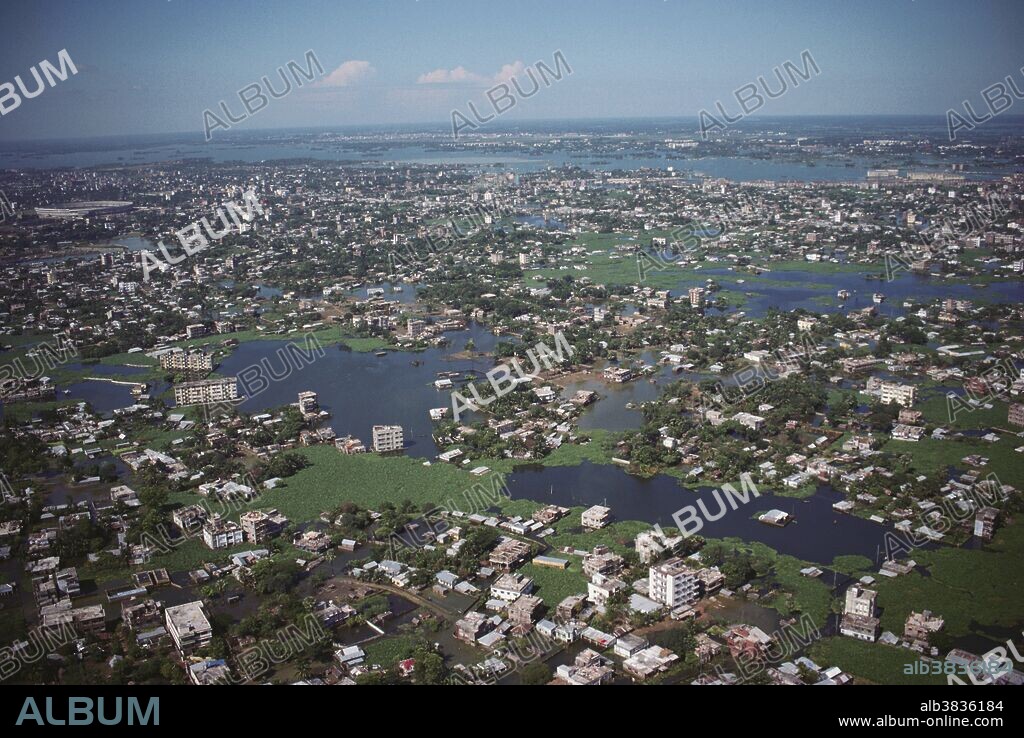 Aerial view of flood in Dhaka, Bangladesh. (1988).