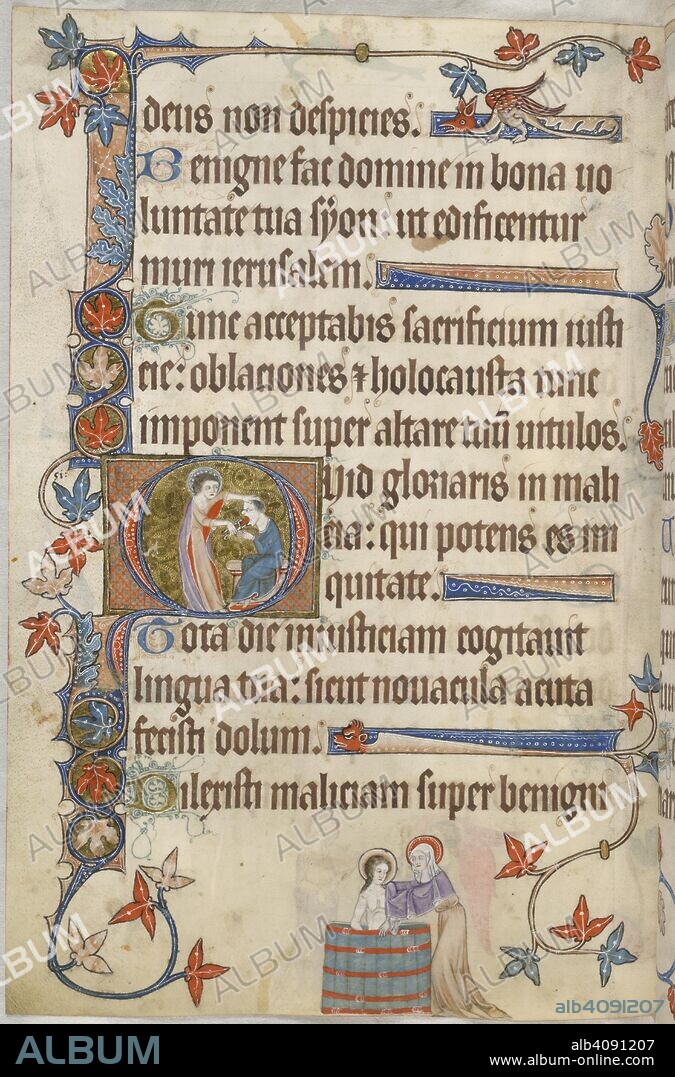 Psalm 51; girl bathing. Luttrell Psalter. England [East Anglia]; circa 1325-1335. [Whole folio] End of Psalm 50. Psalm 51 beginning with initial 'Q', a nimbed figure pulling with pincers the tongue of a seated man. Border decoration with small animal grotesque in the upper margin. In the lower margin, a nimbed naked young woman bathes in a wooden tub, assisted by an older woman. It is perhaps an episode from the girlhood of the Virgin, in which she is cleansed in preparation for her redemptive role, aided by her mother, St Anne  Image taken from Luttrell Psalter.  Originally published/produced in England [East Anglia]; circa 1325-1335. . Source: Add. 42130, f.97v. Language: Latin.
