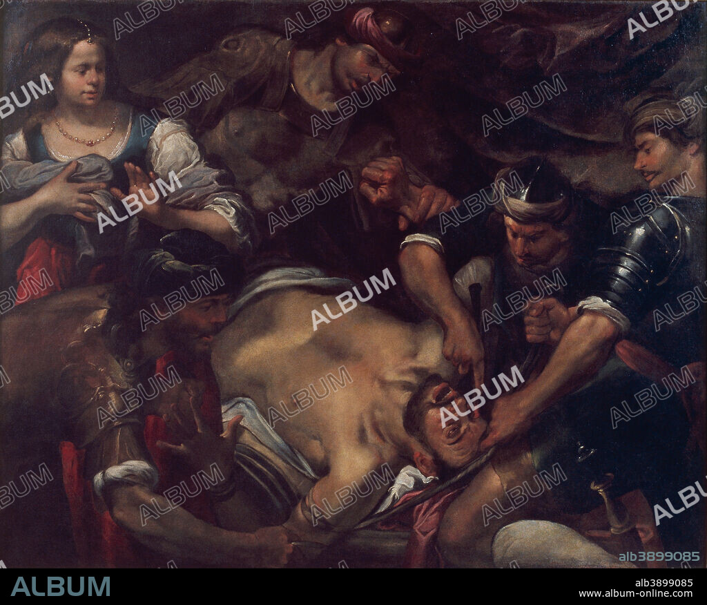 GIOACCHINO ASSERETO. The Philistines Gouging out Samson's Eyes. Date/Period: First half of 17th century. Painting. Oil on canvas. Height: 1,475 mm (58.07 in); Width: 1,840 mm (72.44 in).
