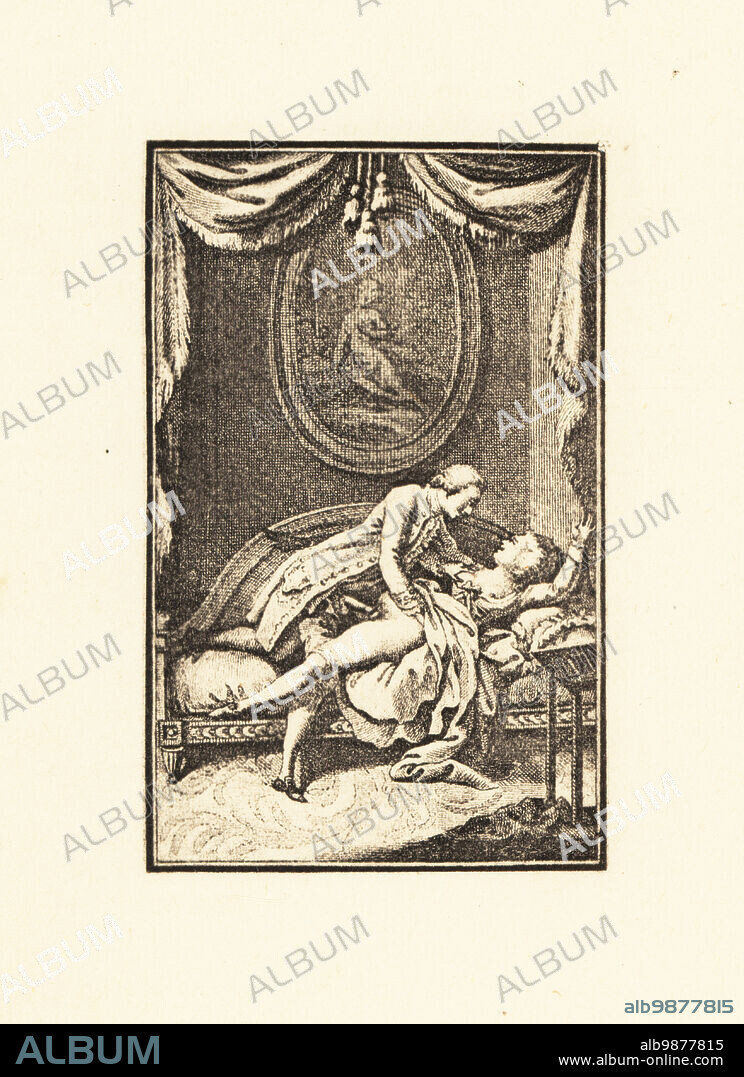 A man and woman having sex on a couch, 18th century. Copperplate engraving heliogravure by Francois Rolland Elluin after Antoine Borel from Jean-Charles Gervaise de Latouches Memoiren des Saturnin, von ihm selbst Niedergeschreiben, Privatdruck, Liepzig, 1911. Also known as Le Portier des Chartreux, it was one of several erotic novels written by Latouche, 1715-1782, a lawyer at the Paris Parliament.