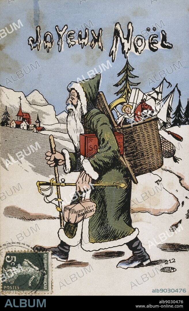 French Christmas card showing Father Christmas bringing presents 1900.