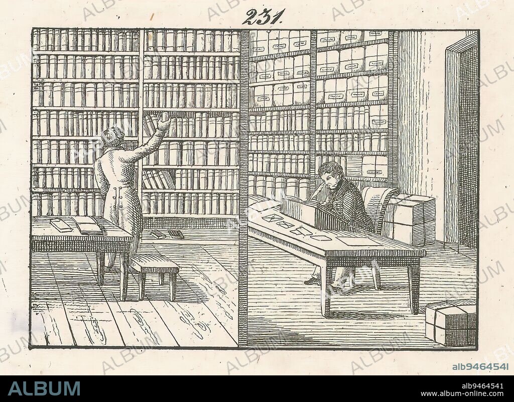Two library scenes, Left a man grabbing a book from a bookcase. Right a man behind a writing table. Numbered at top center: 231., print maker: anonymous, c. 1825 - c. 1850, paper, height 90 mm × width 110 mm.