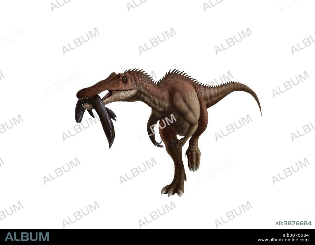 A Baryonyx dinosaur with a fish in mouth, white background.