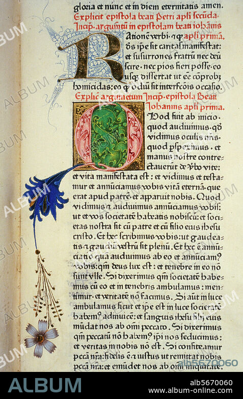 Buchmalerei, 15. Jahrhundert, Bibelhandschrift. Textseite mit Initialen "R" und "Q". (Beginn der ersten Epistel des Johannes). B 48, Darmstadt, Hessian State Library.