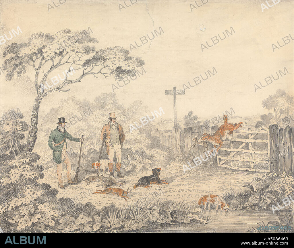 Retrieving a Rabbit, Edwin Gill, active 1810, died 1868, undated, Graphite and watercolor on medium, smooth, cream, wove paper, Sheet: 10 13/16 × 13 7/16 inches (27.5 × 34.1 cm) and Image: 10 5/8 × 13 3/8 inches (27 × 34 cm), dogs (animals), fence, guns, hunting, hounds (dogs), hunters, hunting, jumping, landscape, men, rabbits, sporting art, stream, trees.