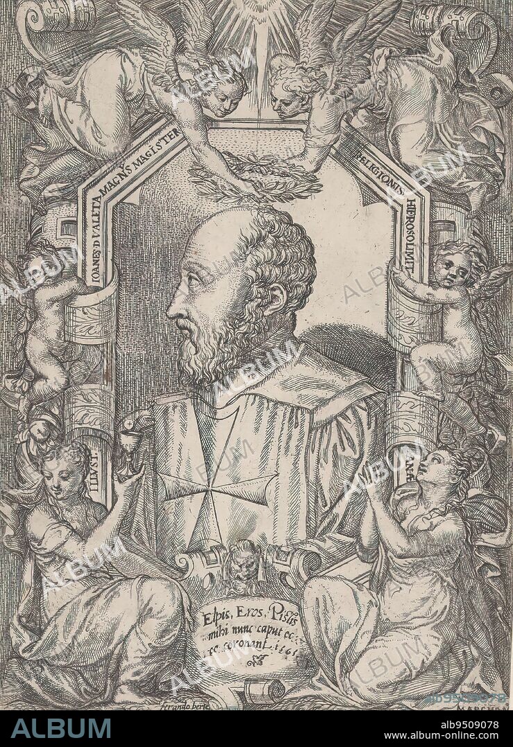 Portrait of Jean Parisot de La Valette, Grand Master of the Order of Malta, Portrait of Giovanni da Valletta (Jean de la Valette) surrounded by an ornamental border, four angels and two putti., print maker: Marco dell'Angolo del Moro, (mentioned on object), after print by: Martino Rota, (possibly), publisher: Ferando Bertelli, (mentioned on object), print maker: Italy, publisher: Venice, 1565, paper, etching, engraving, height 140 mm × width 196 mm.