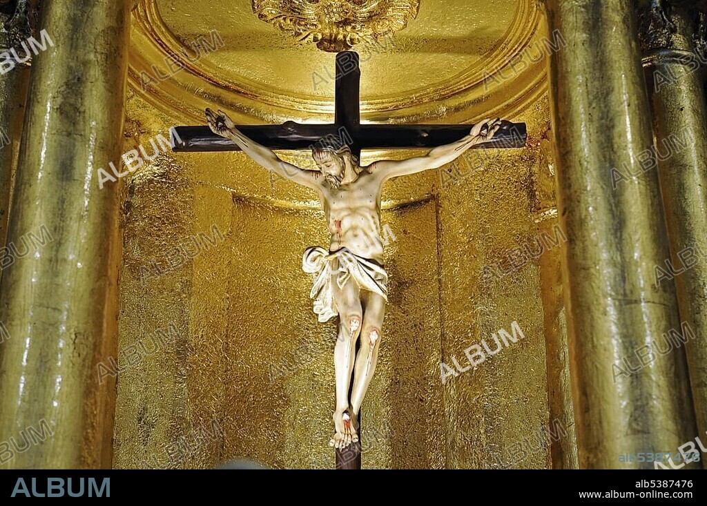 Crucifix, statue of Jesus hanging from the cross in the La Purisima Concepcion Church, La Nucia, Alicante, Costa Blanca, Spain