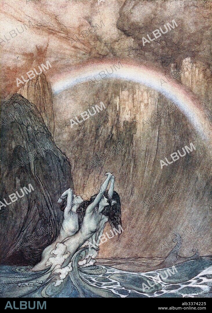 ARTHUR RACKHAM. The Rhinemaidens bewail their lost gold. Illustration for "The Rhinegold and The Valkyrie" by Richard Wagner.