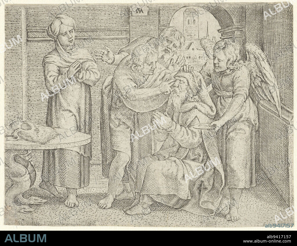 On the homecoming of Tobias and the angel, Tobias puts the fish's gall on the eyes of his blind father Tobit. Afterwards, Tobit can see again. Anna looks on from the left, Healing of Tobit History of Tobias (series title), print maker: Cornelis Massijs, (mentioned on object), Antwerp, 1544 - 1556, paper, engraving, h 73 mm × w 95 mm.