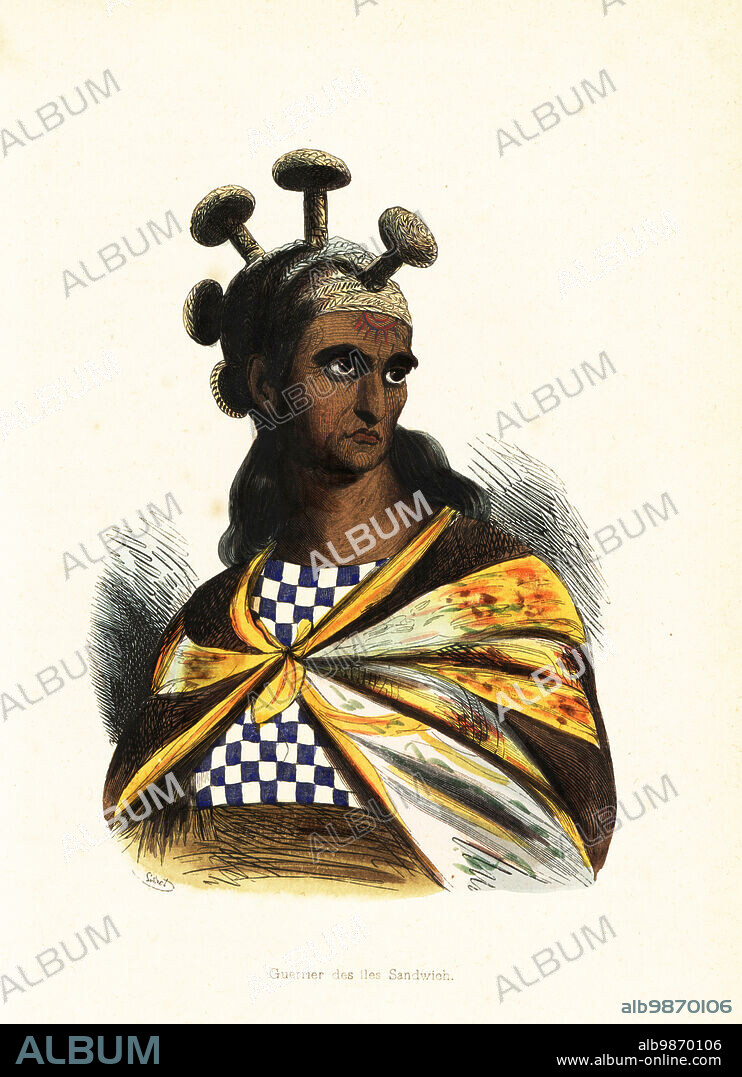 Warrior of the Hawaiian Islands. He wears a headdress decorated with mushrooms, face tattoos, cape and check shirt (a tattoo in the original). Guerrier des iles Sandwich. Adapted from an illustration by Jacques Arago in Louis de Freycinet's Voyage of the Uranie, 1820. Handcoloured woodcut by Lisbet after Jacques Arago from Auguste Wahlen's Moeurs, Usages et Costumes de tous les Peuples du Monde, (Manners, Customs and Costumes of all the People of the World) Librairie Historique-Artistique, Brussels, 1845. Wahlen was the pseudonym of Jean-Francois-Nicolas Loumyer (1801-1875), a writer and archivist with the Heraldic Department of Belgium.